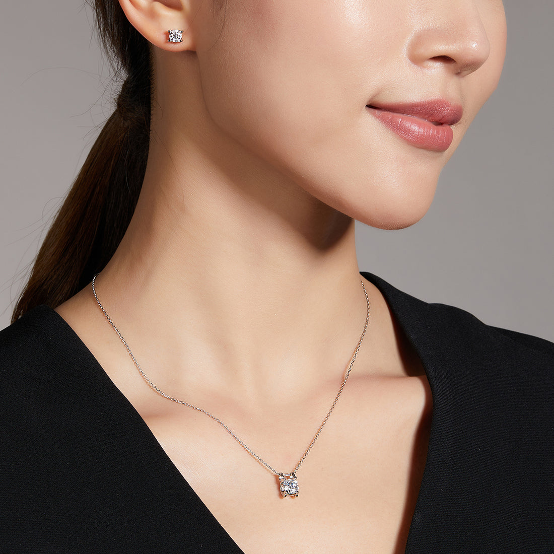Moissanite Classic Peg Head Pendant & Stud Earrings Set in White Gold Plated Sterling Silver#2