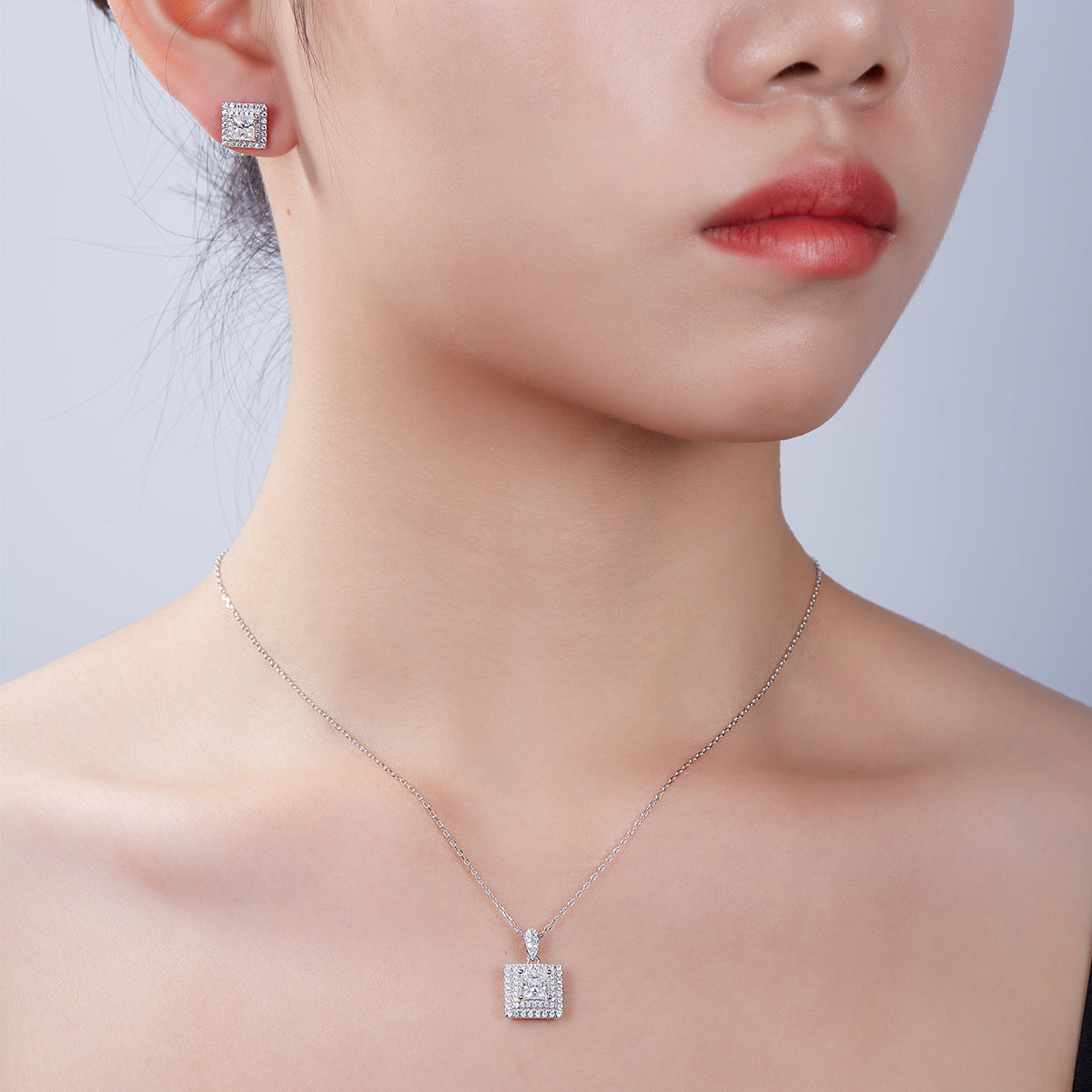 Princess Cut Moissanite Halo Pendant & Stud Earrings Set in White Gold Plated Sterling Silver#10