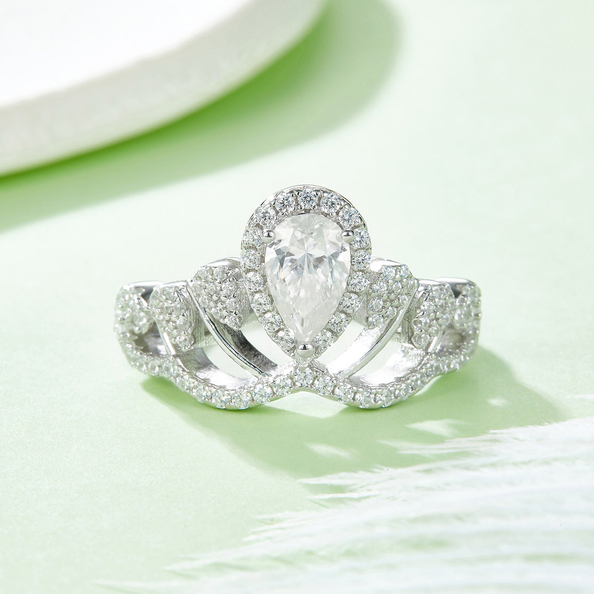 1.0 CT D Color Colored Moissanite V-Shaped Queen Pear Ring in White Gold Plated Sterling Silver#10