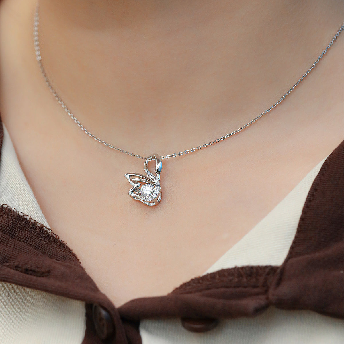 0.5 CT D Color Dancing Moissanite Swan Necklace in White Gold Plated Sterling Silver#6