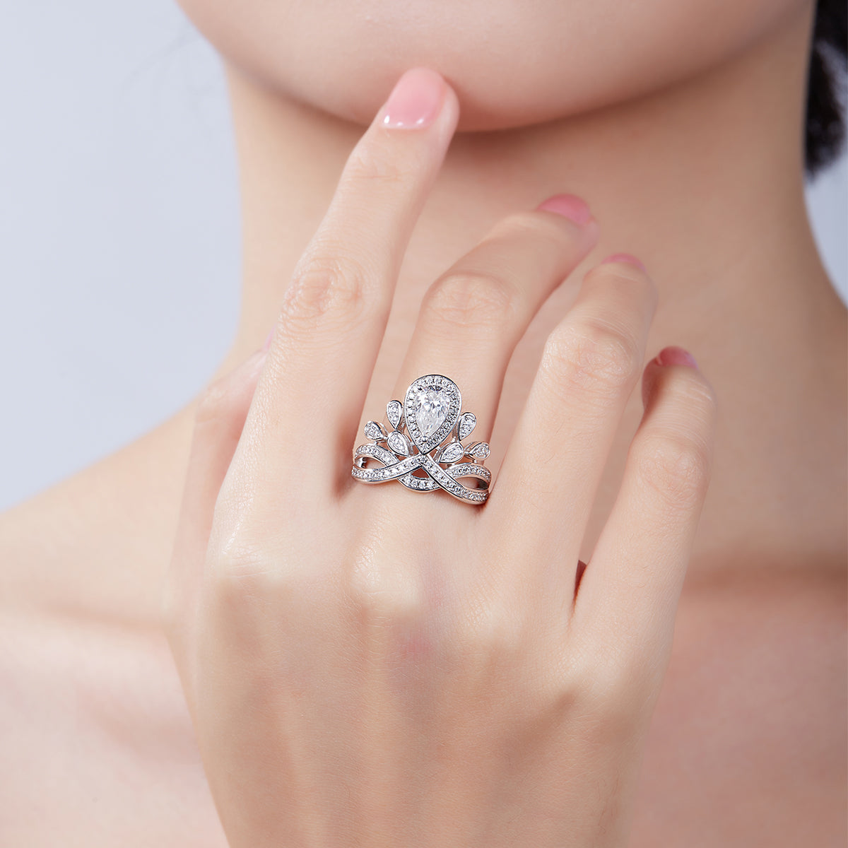 1.0 CT D Color Colored Moissanite V-Shaped Crown Pear Ring in White Gold Plated Sterling Silver#12