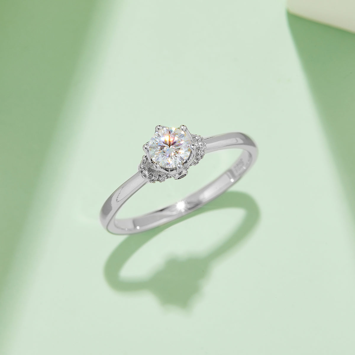 0.5 CT D Color Moissanite Crowning Straight Shank Ring in White Gold Plated Sterling Silver#7