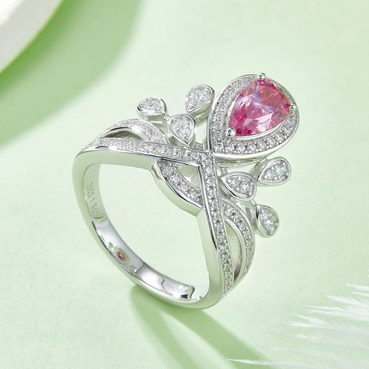 1.0 CT D Color Colored Moissanite V-Shaped Crown Pear Ring in White Gold Plated Sterling Silver#8