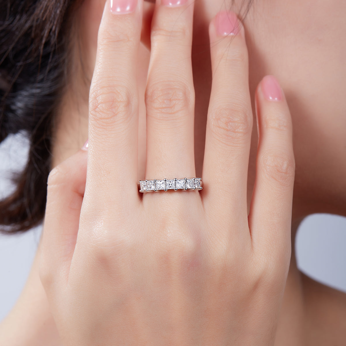 2.1 CT D Color Princess Cut Moissanite Eternity Band in White Gold Plated Sterling Silver#7