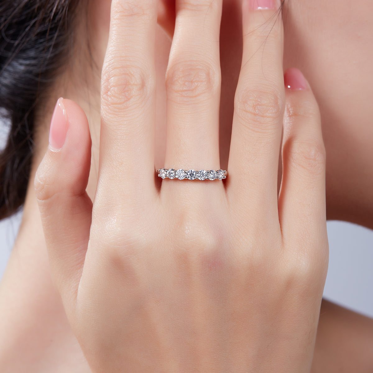 0.7 CT D Color Moissanite Melee Seven-Star Eternity Band in White Gold Plated Sterling Silver#7
