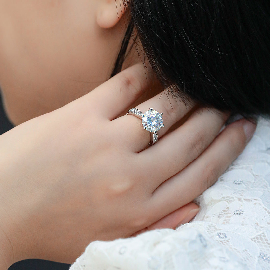 5.0 CT D Color Moissanite Pave Dancing Custom Ring in White Gold Plated Sterling Silver#4