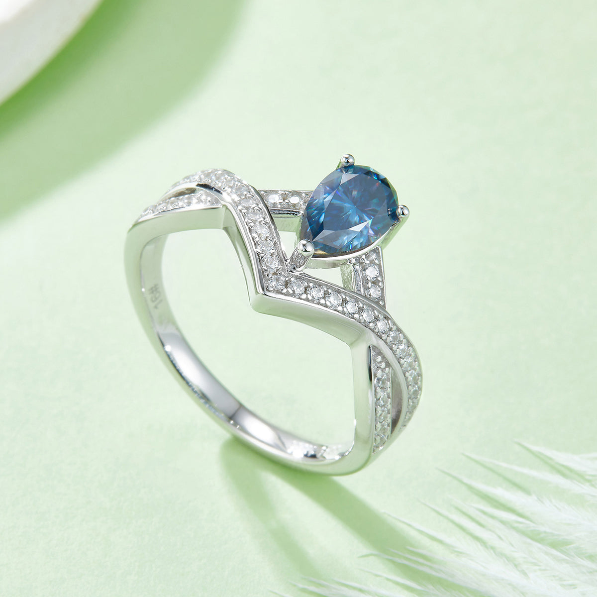 1.0 CT D Color Colored Moissanite V-Shaped Lock of Love Pear Ring in White Gold Plated Sterling Silver#11