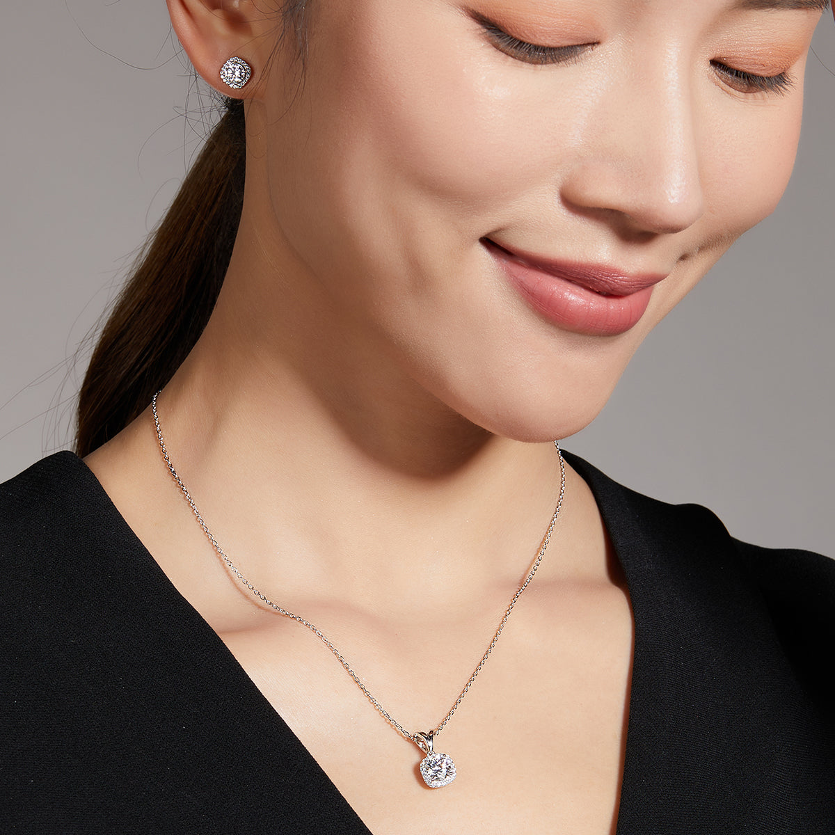 square Bezel Set Moissanite Classic Pendant & Stud Earrings Set in White Gold Plated Sterling Silver#7