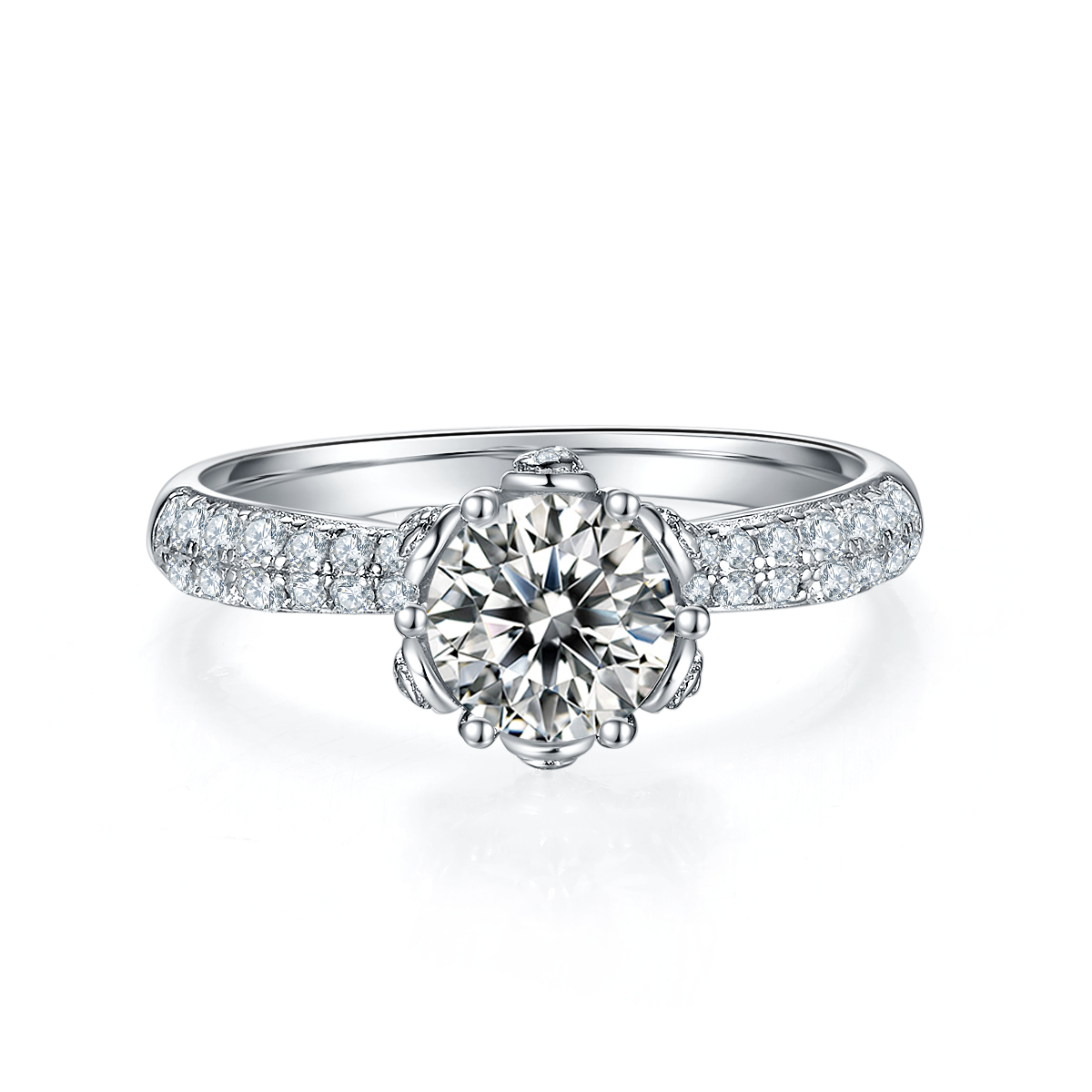 1.0 CT D Color Moissanite Flora Halo Straight Shank Ring in White Gold Plated Sterling Silver#5