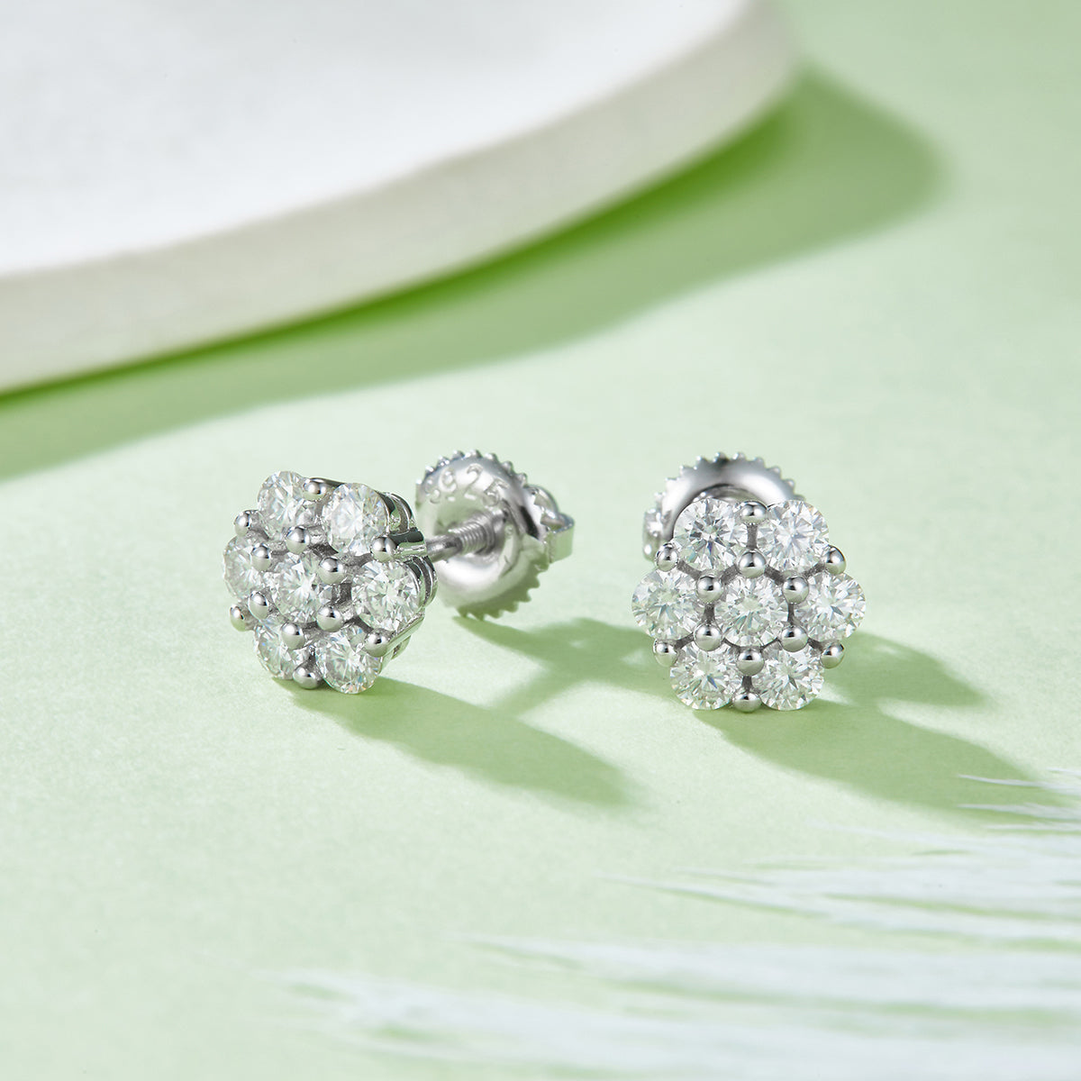 0.84 CT D Color Moissanite Melee Round Cut Plum Blossom Screw Back Studs in Sterling Silver#3