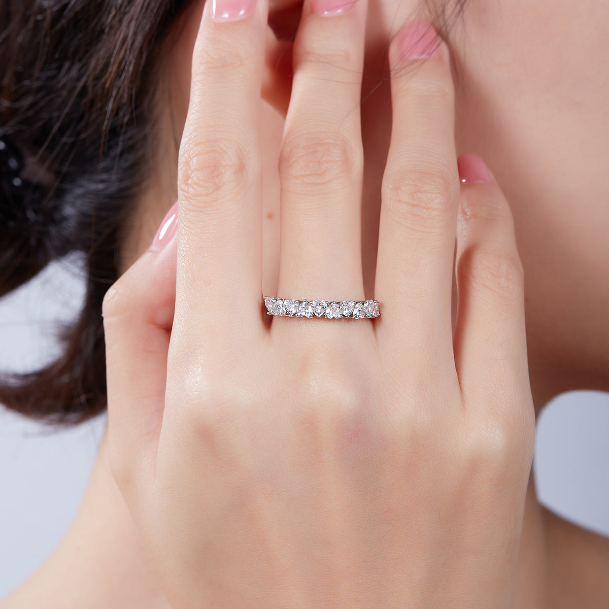 1.0 CT D Color Heart Cut Moissanite Custom Eternity Band in White Gold Plated Sterling Silver#7