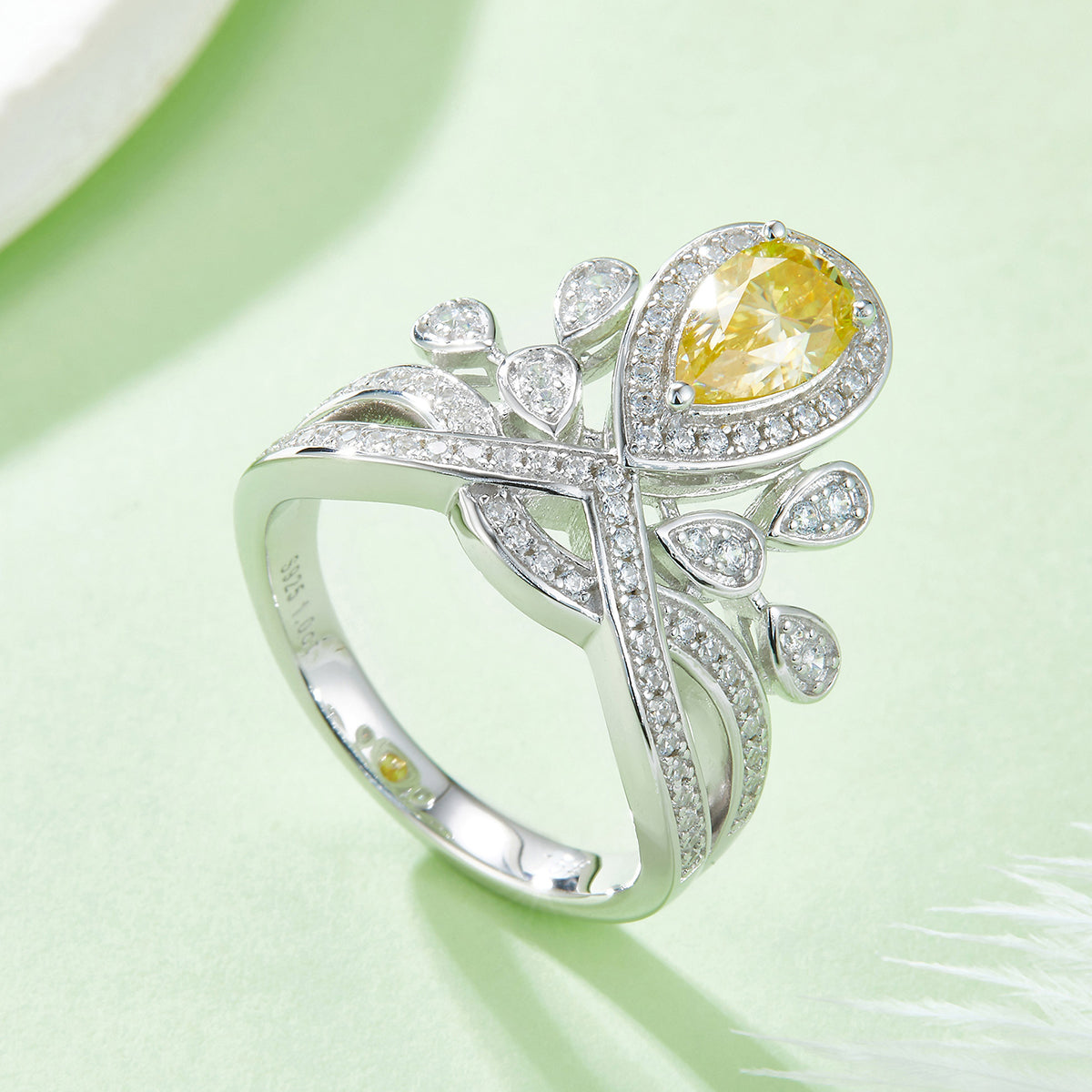 1.0 CT D Color Colored Moissanite V-Shaped Crown Pear Ring in White Gold Plated Sterling Silver#9