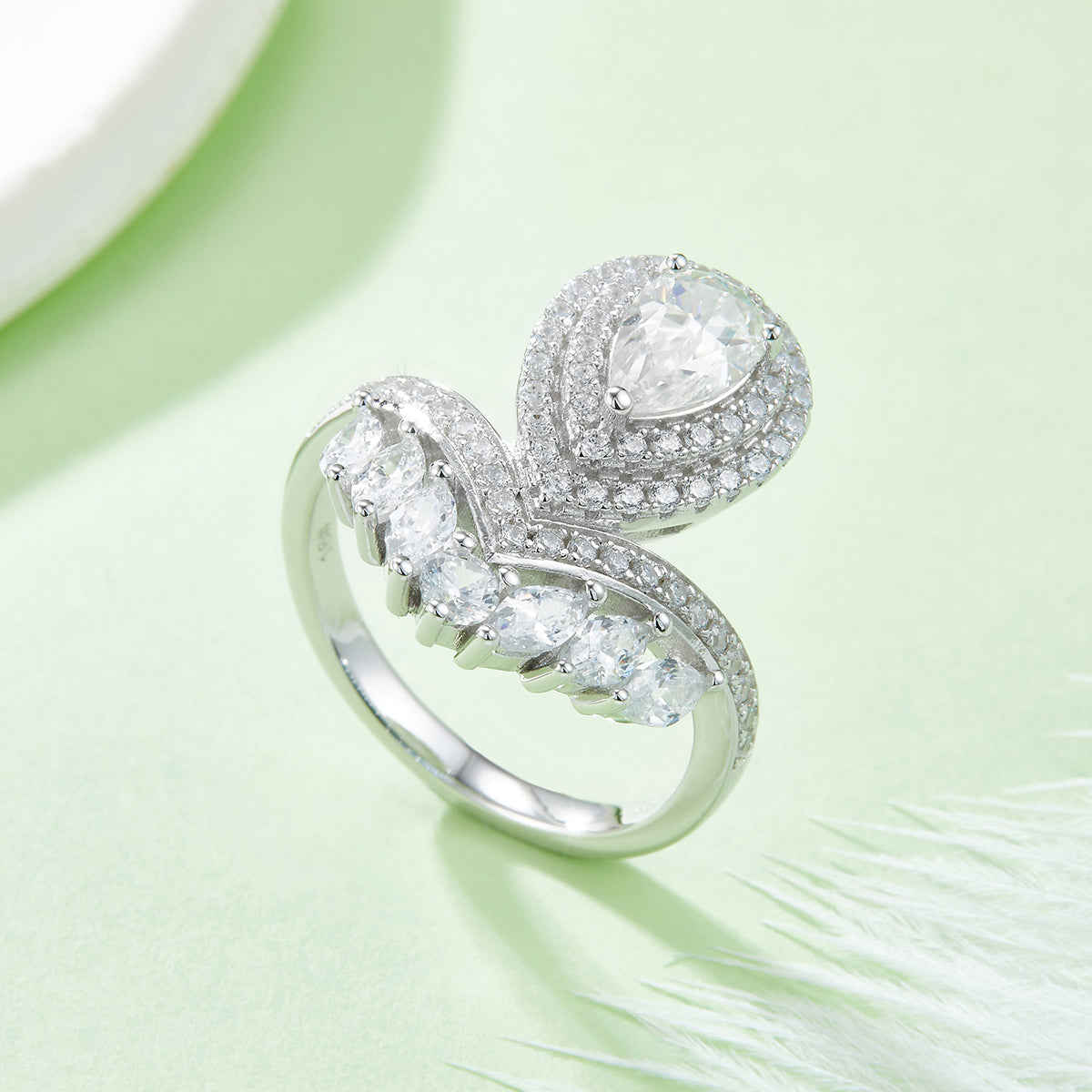 1.0 CT D Color Colored Moissanite V-Shaped Pearl Pear Drop Ring in White Gold Plated Sterling Silver#5