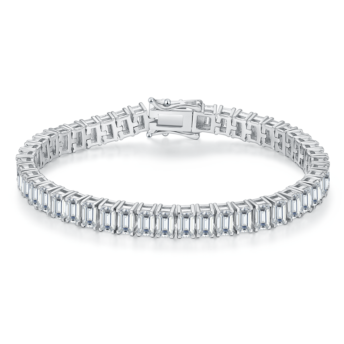 D Color VVS Moissanite Cluster Tennis Bracelet (Emerald Cut, 0.5 CT Each) in White Gold Plated Sterling Silver#1