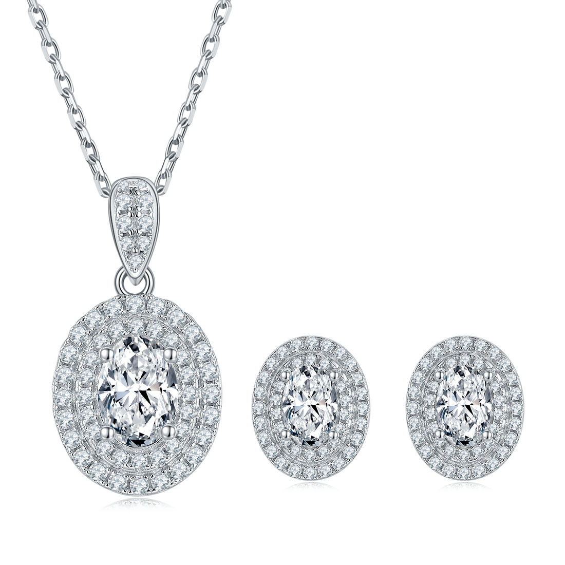 Oval Cut Moissanite Halo Pendant & Stud Earrings Set in White Gold Plated Sterling Silver#4
