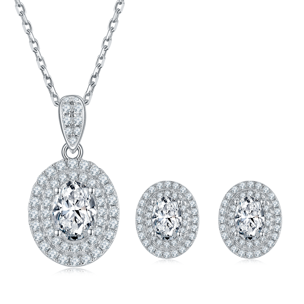 Oval Cut Moissanite Halo Pendant & Stud Earrings Set in White Gold Plated Sterling Silver#4