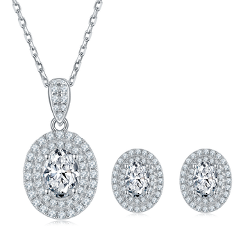 Oval Cut Moissanite Halo Pendant & Stud Earrings Set in White Gold Plated Sterling Silver#4