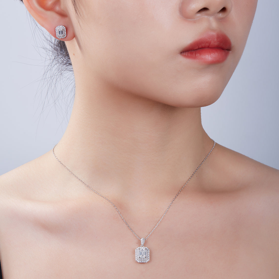 Emerald Cut Moissanite Halo Pendant & Stud Earrings Set in White Gold Plated Sterling Silver#4