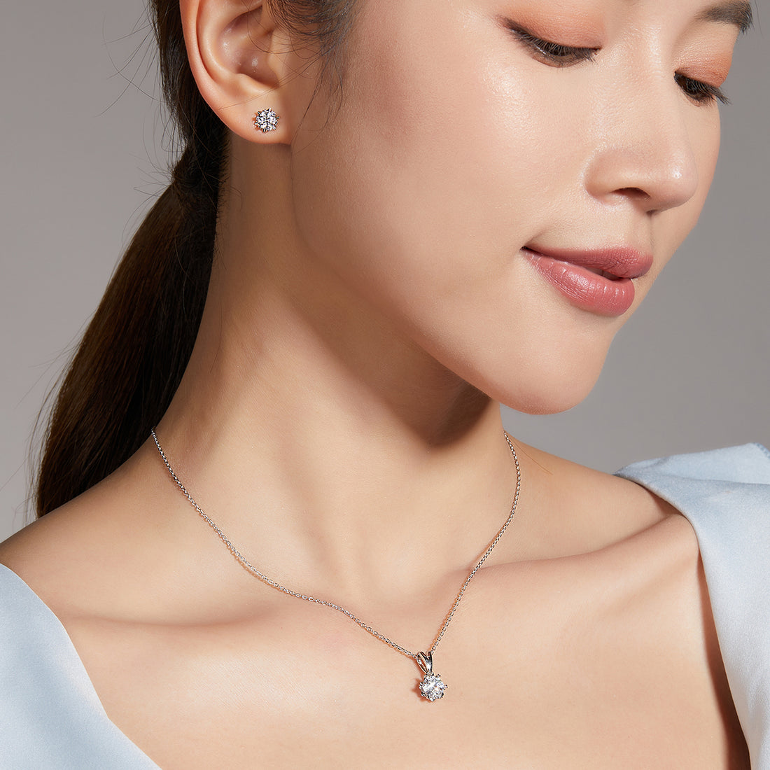 Moissanite Classic Snowflake Pendant & Stud Earrings Set in White Gold Plated Sterling Silver#2