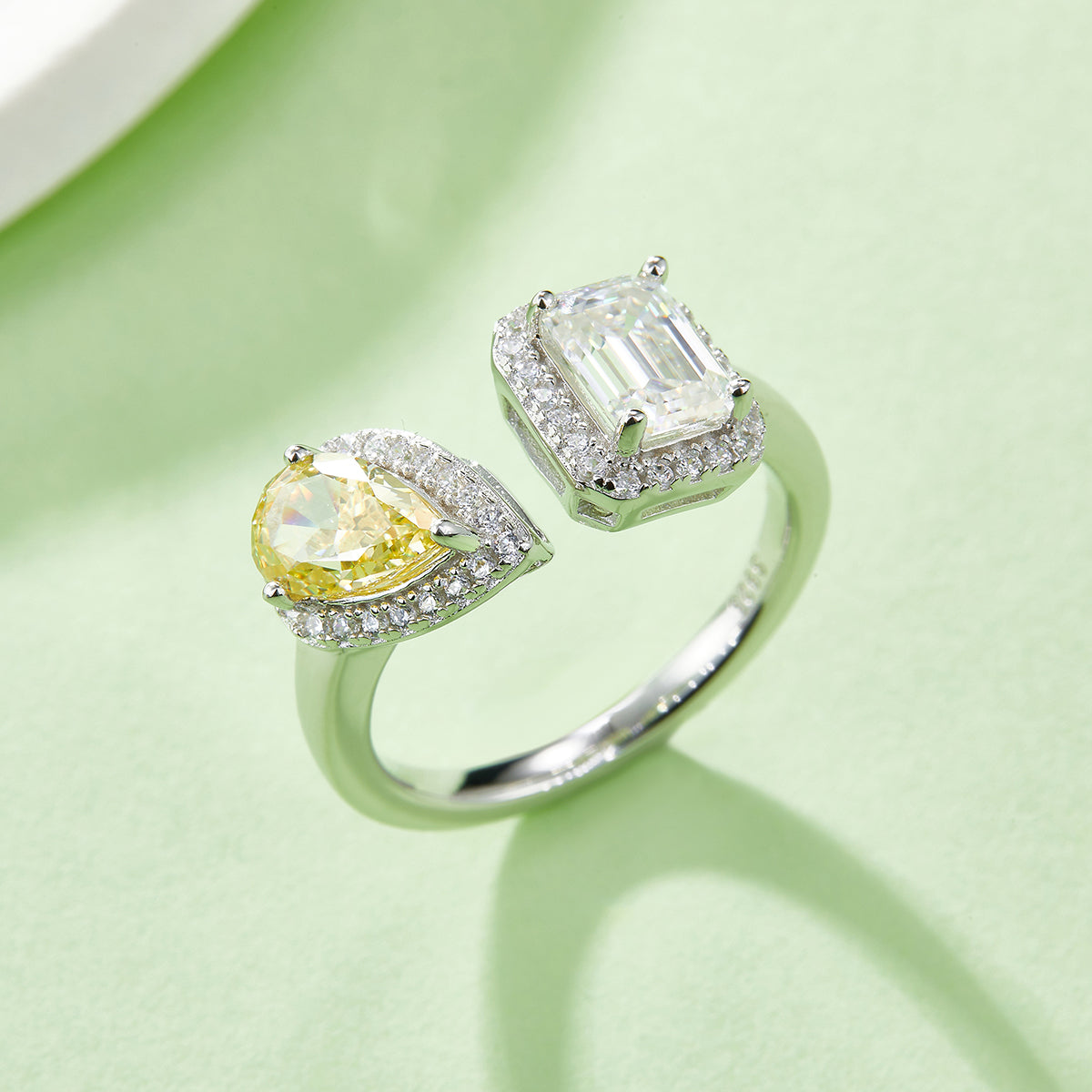 1.0 CT D Color Pear Crushed Ice and Emerald Cut Moissanite Ring in White Gold Plated Sterling Silver#9