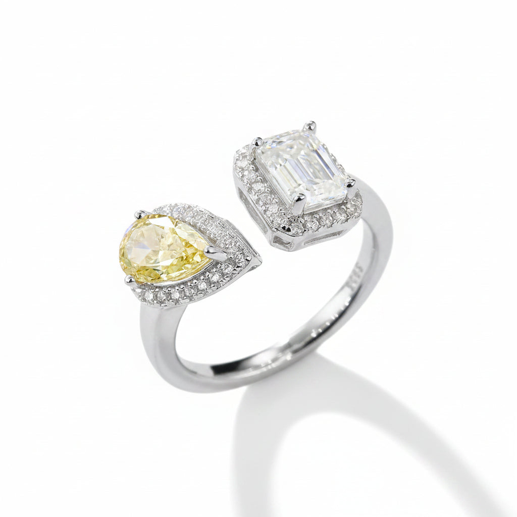 1.0 CT D Color Pear Crushed Ice and Emerald Cut Moissanite Ring in White Gold Plated Sterling Silver