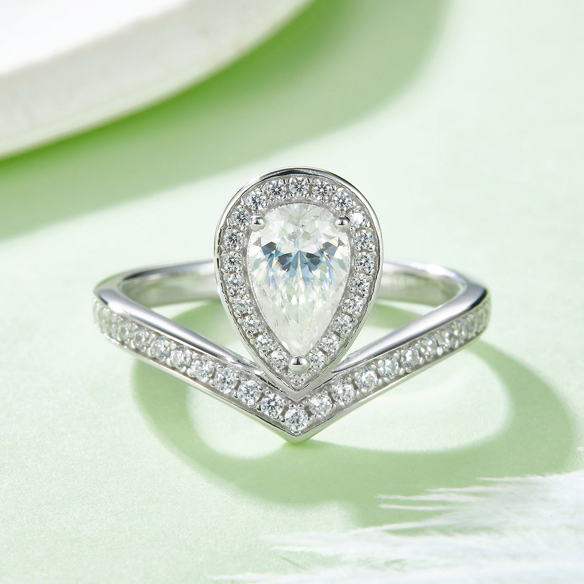 1.0 CT D Color Colored Moissanite V-Shaped Tiger Prong Pear Ring in White Gold Plated Sterling Silver#7