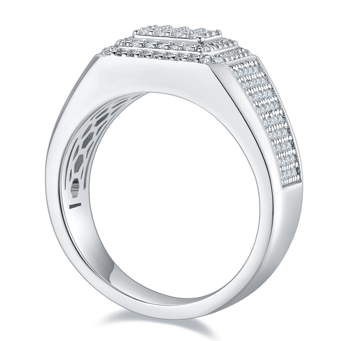 0.84 CT D Color Moissanite Melee Halo Men's Band in White Gold Plated Sterling Silver#0