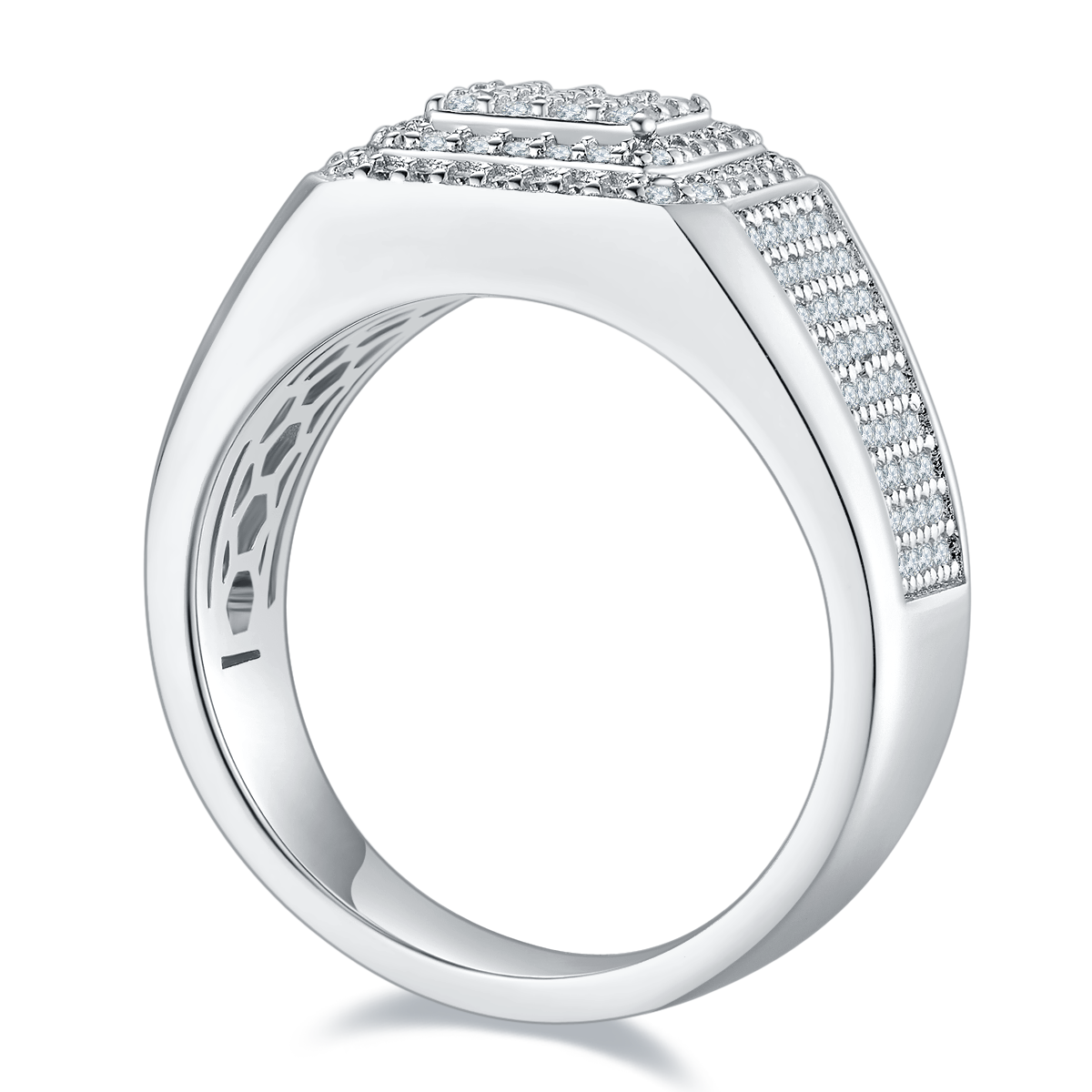 0.84 CT D Color Moissanite Melee Halo Men's Band in White Gold Plated Sterling Silver#1