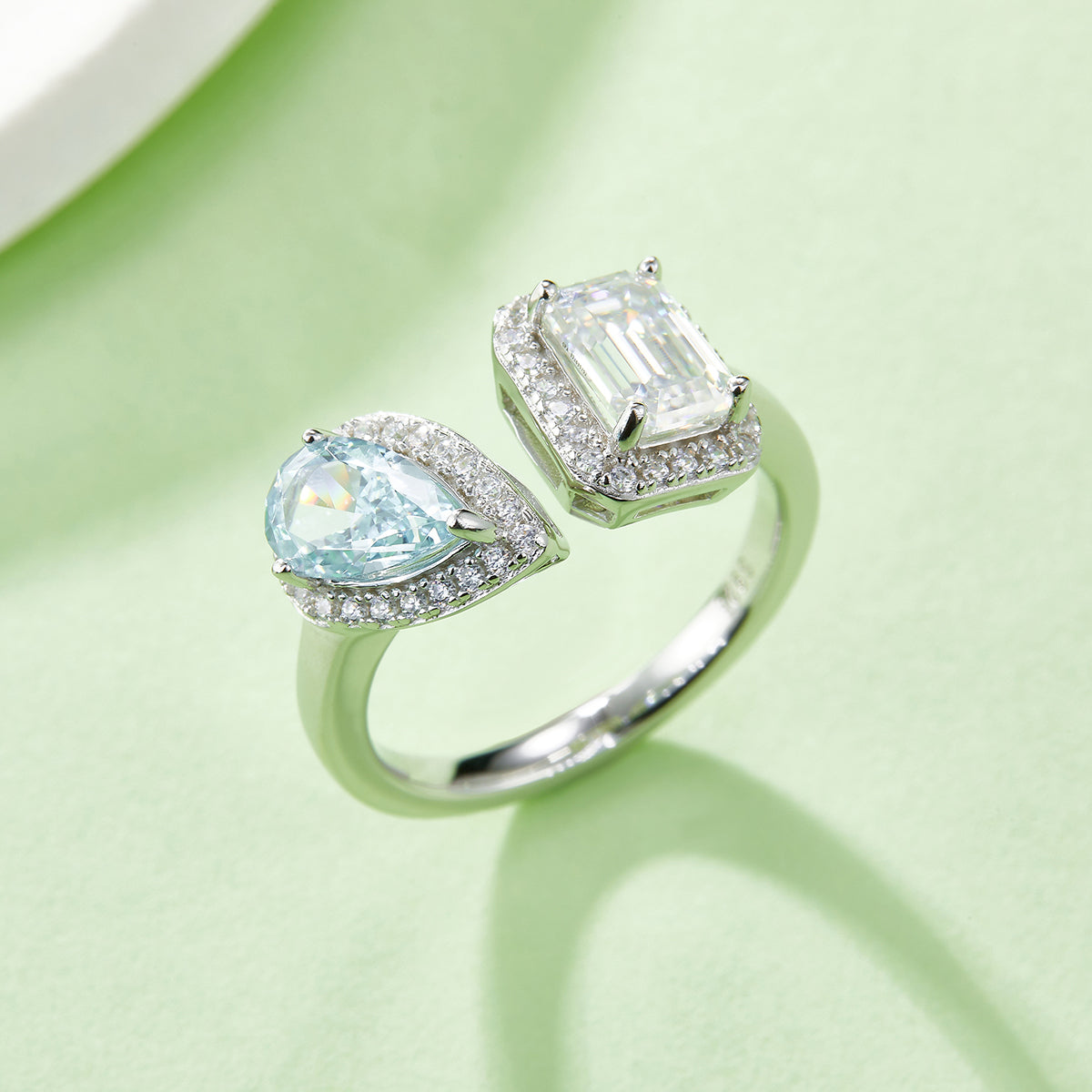 1.0 CT D Color Pear Crushed Ice and Emerald Cut Moissanite Ring in White Gold Plated Sterling Silver#10