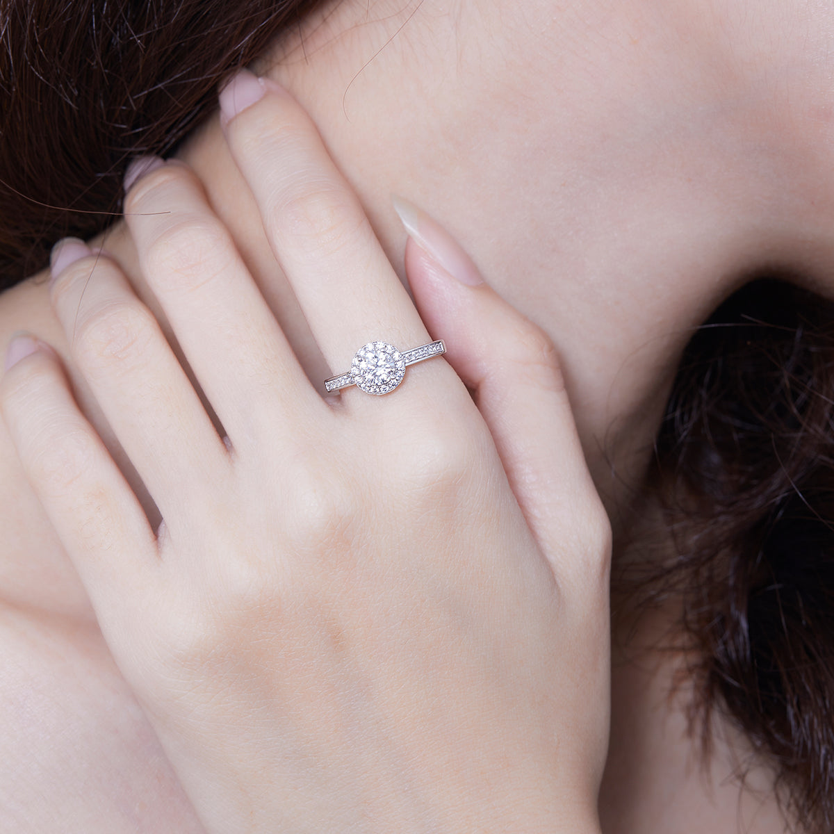 0.5 CT D Color Bezel Set Moissanite Halo Ring in White Gold Plated Sterling Silver#12