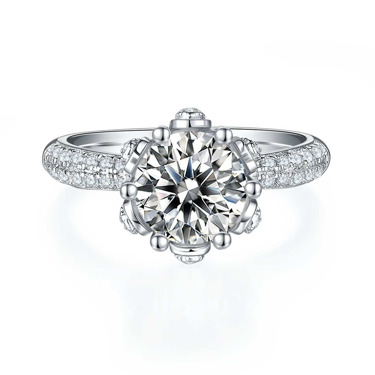 2.0 CT D Color Moissanite Flora Halo Straight Shank Custom Ring in White Gold Plated Sterling Silver#5