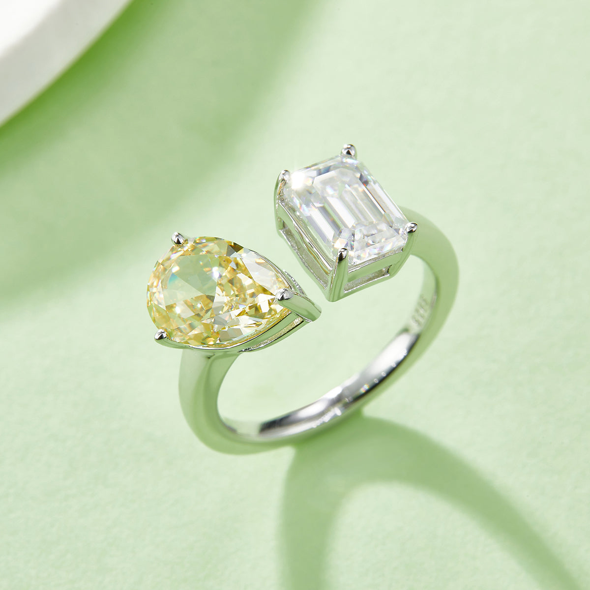 2.0 CT D Color Pear Crushed Ice and Emerald Cut Moissanite Ring in White Gold Plated Sterling Silver#9