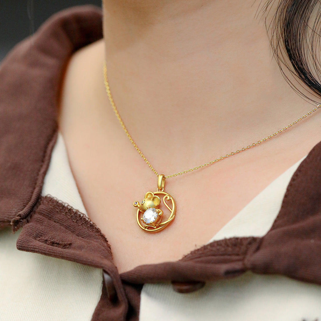 1.0 CT Moissanite Chinese Zodiac Rat Necklace in Sterling Silver#0