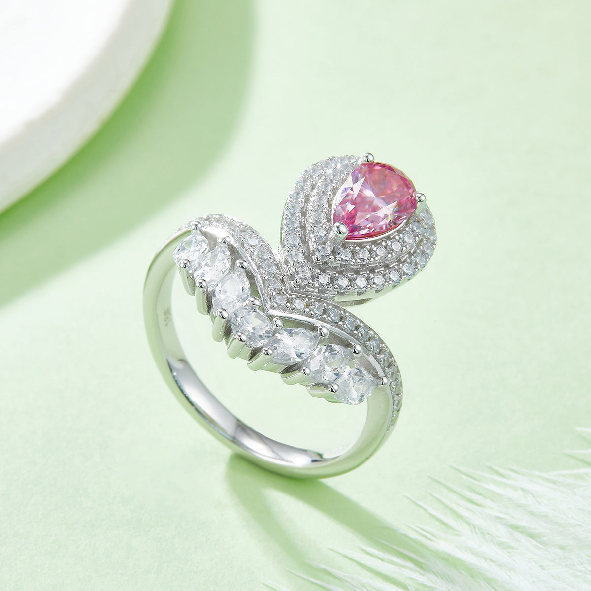 1.0 CT D Color Colored Moissanite V-Shaped Pearl Pear Drop Ring in White Gold Plated Sterling Silver#8