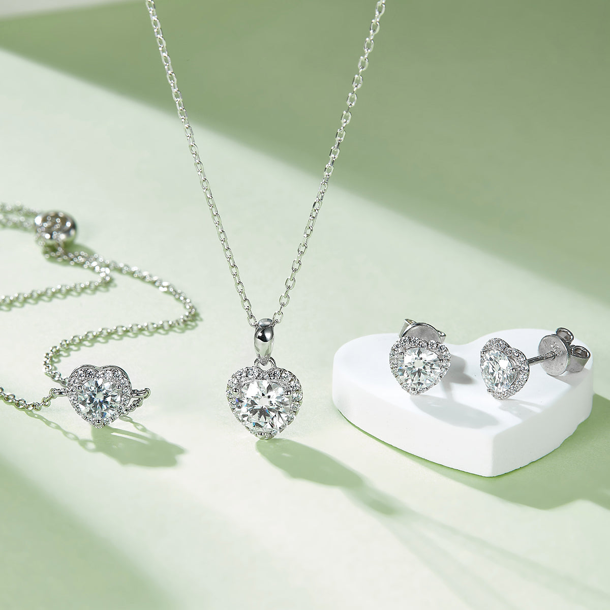 Moissanite Wholehearted Pendant & Stud Earrings Set in White Gold Plated Sterling Silver#8