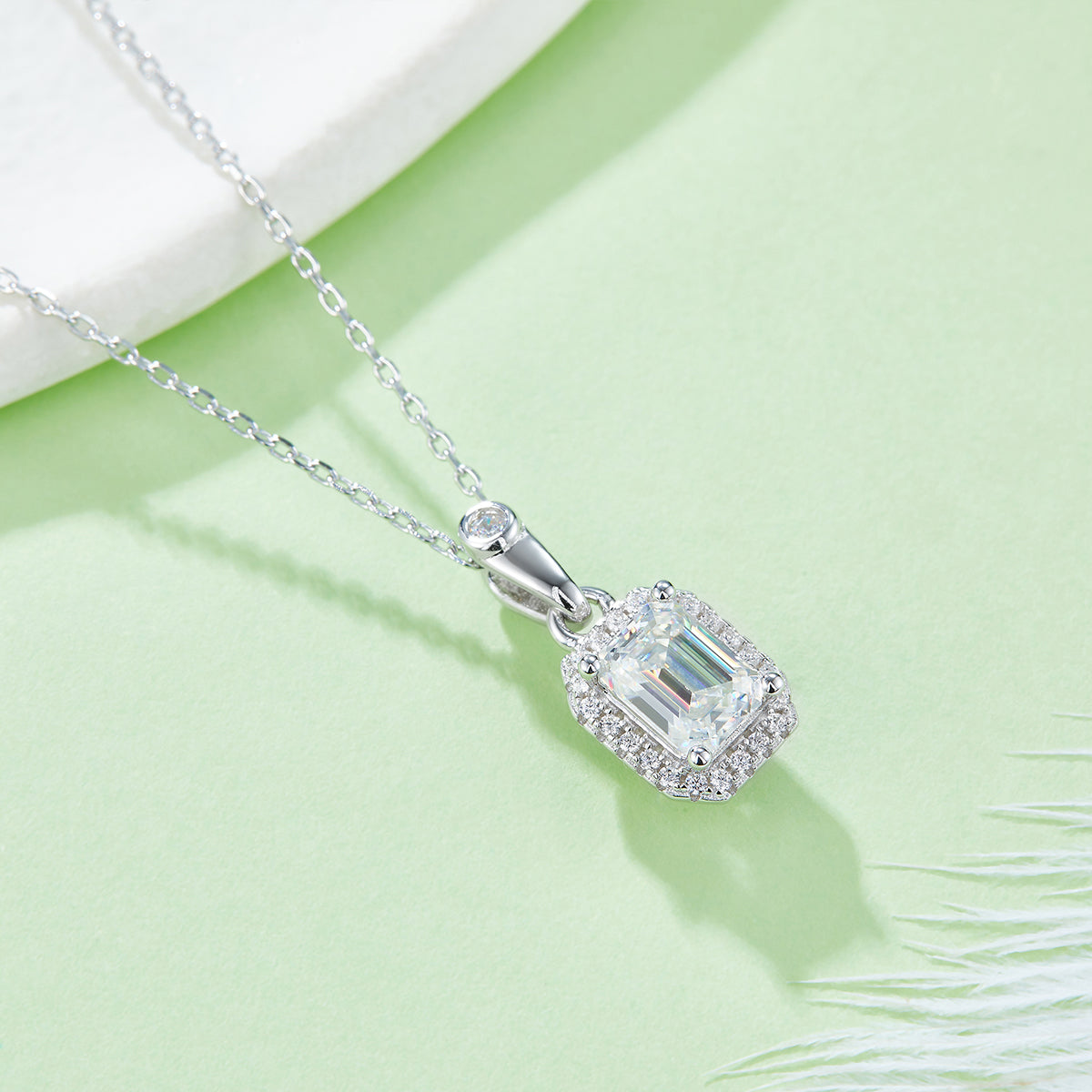 Emerald Cut Moissanite Dainty Pendant & Stud Earrings Set in White Gold Plated Sterling Silver#7