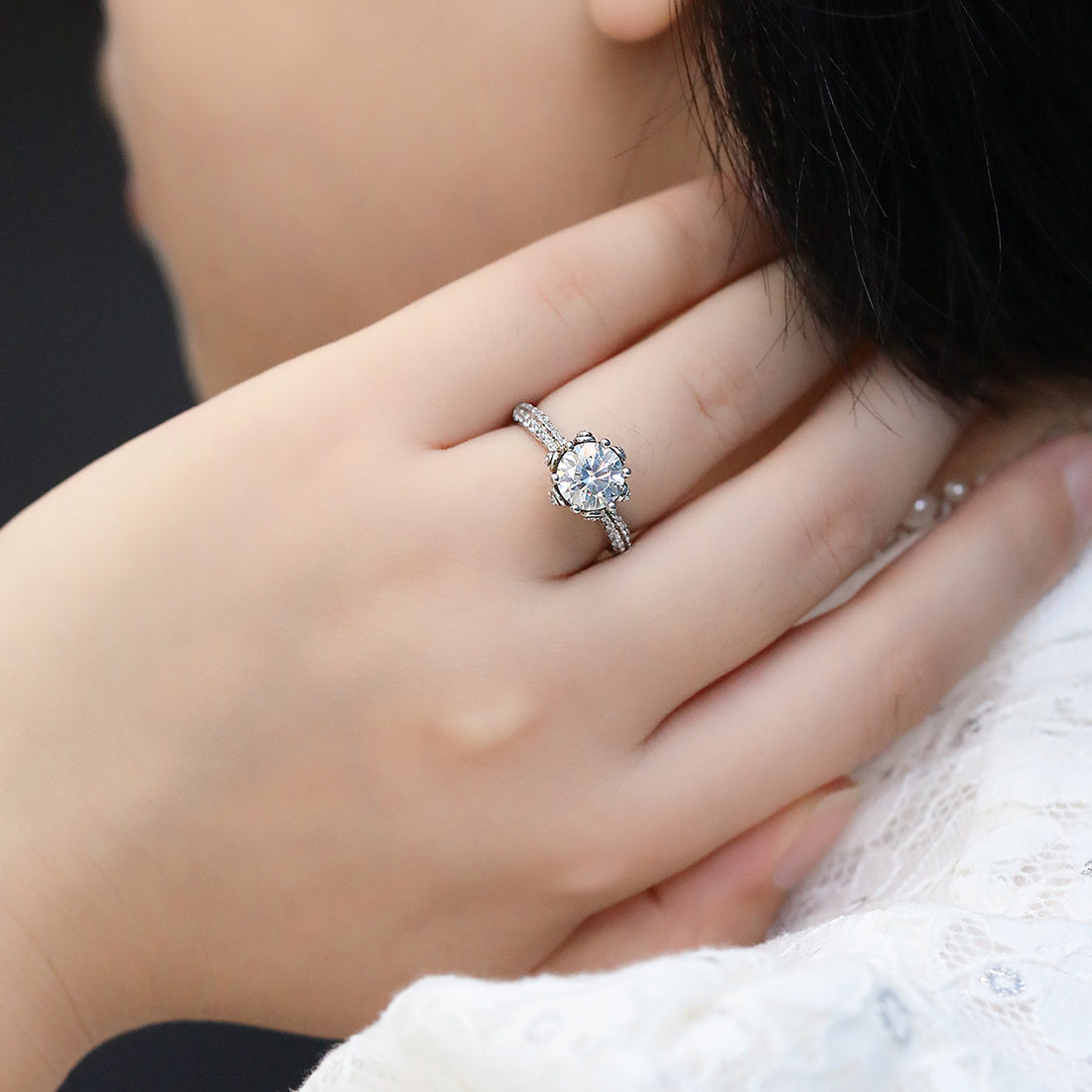 2.0 CT D Color Moissanite Flora Halo Straight Shank Custom Ring in White Gold Plated Sterling Silver#5