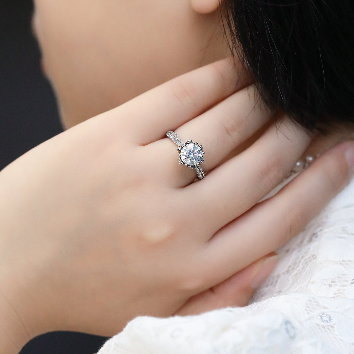 2.0 CT D Color Moissanite Flora Halo Straight Shank Custom Ring in White Gold Plated Sterling Silver#12