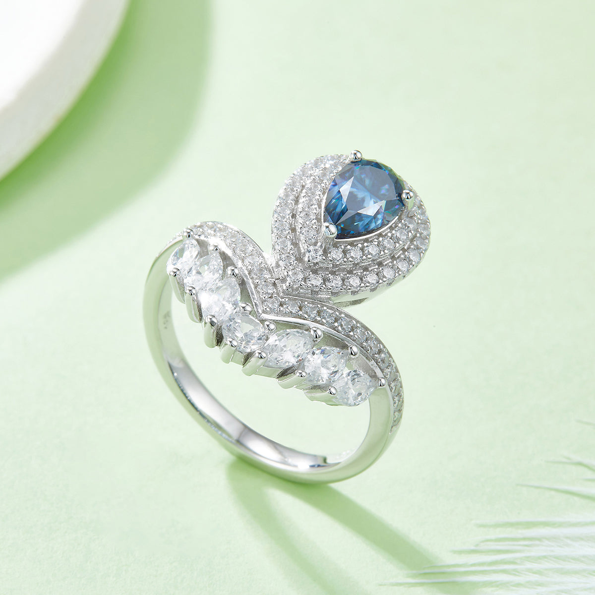 1.0 CT D Color Colored Moissanite V-Shaped Pearl Pear Drop Ring in White Gold Plated Sterling Silver#10