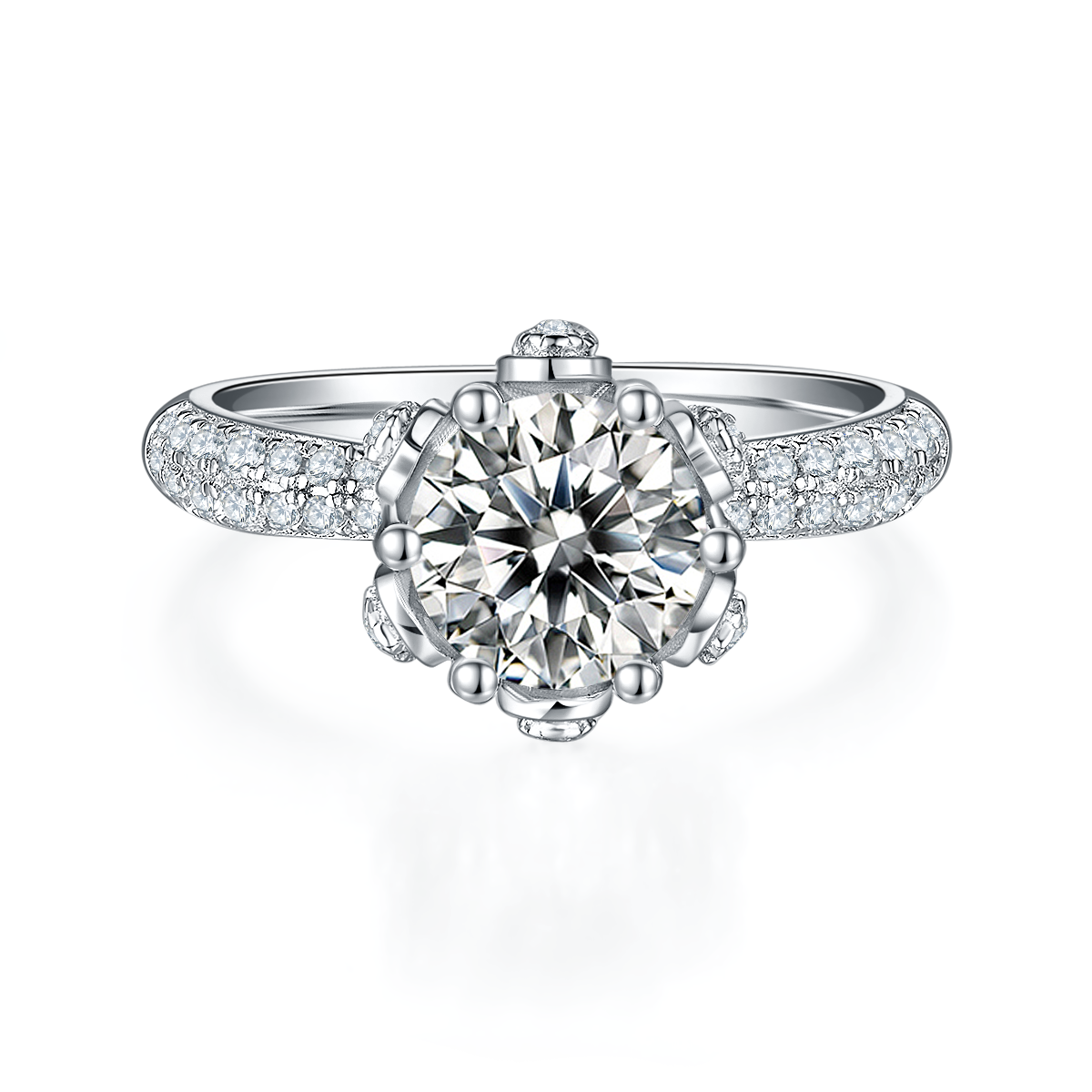 1.5 CT D Color Moissanite Flora Halo Straight Shank Custom Ring in White Gold Plated Sterling Silver#5