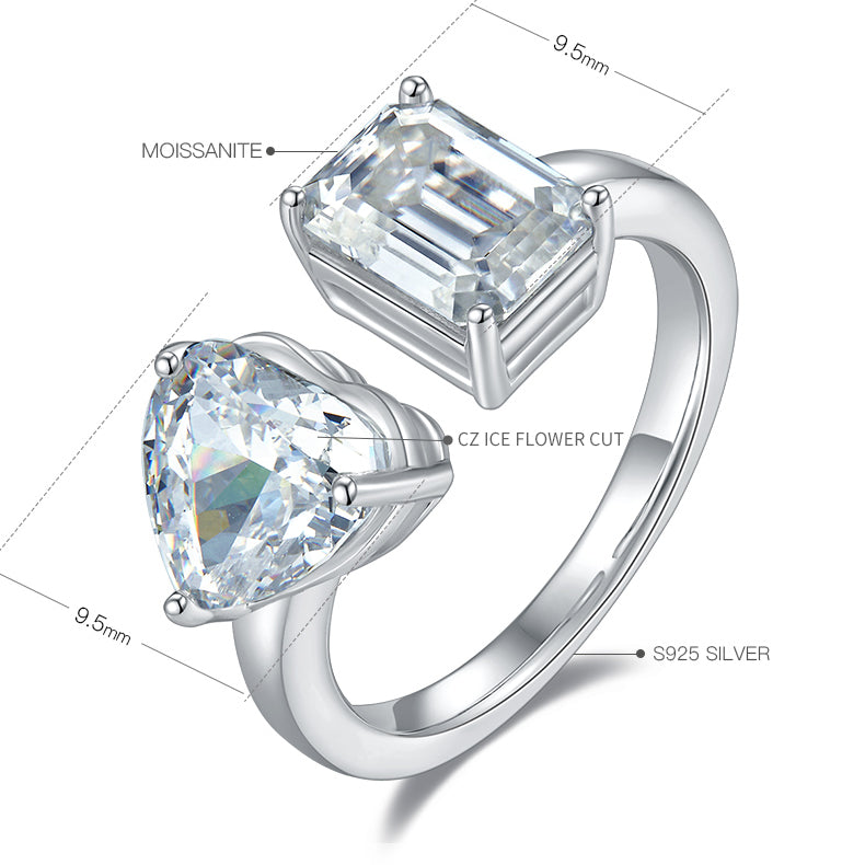 2.0 CT D Color Heart Crushed Ice and Emerald Cut Moissanite Ring in White Gold Plated Sterling Silver#4