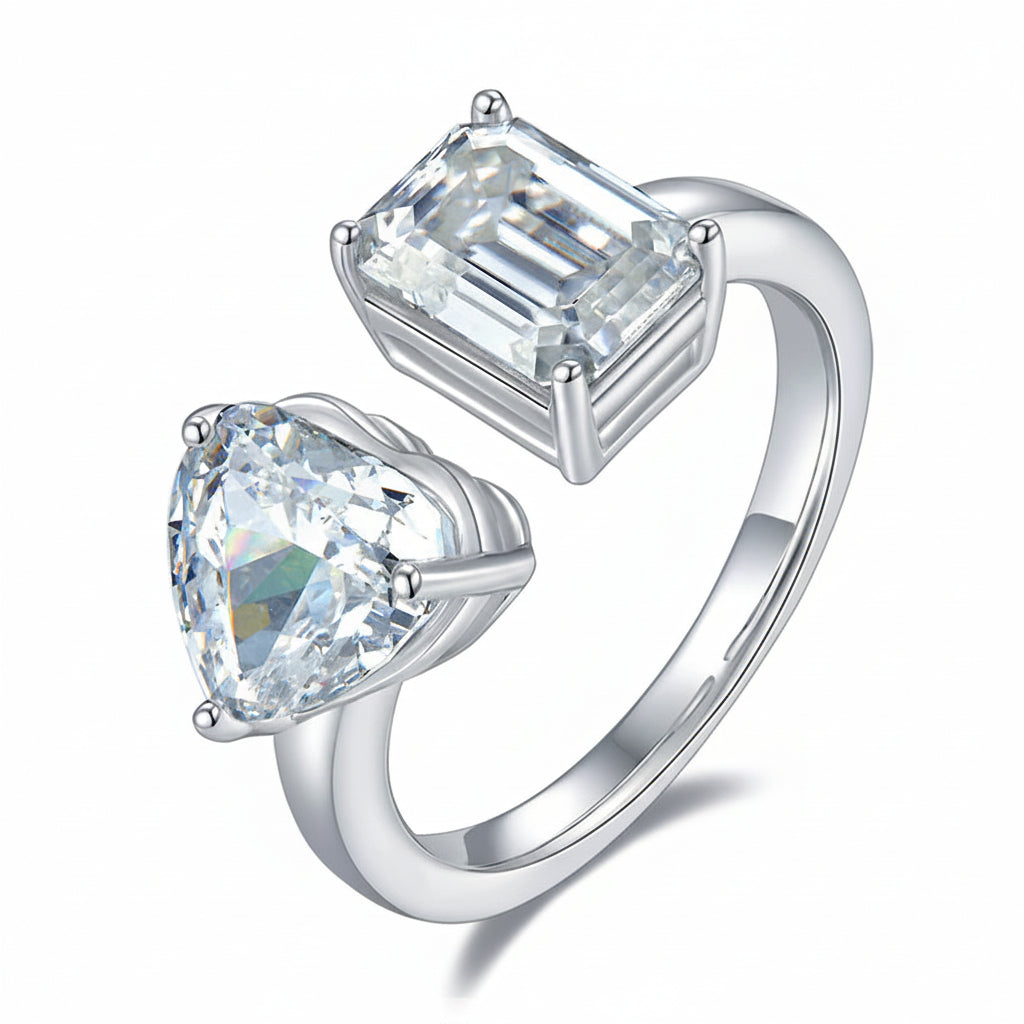 Silver ring with heart and rectangular gemstones, labeled with measurements and material details.