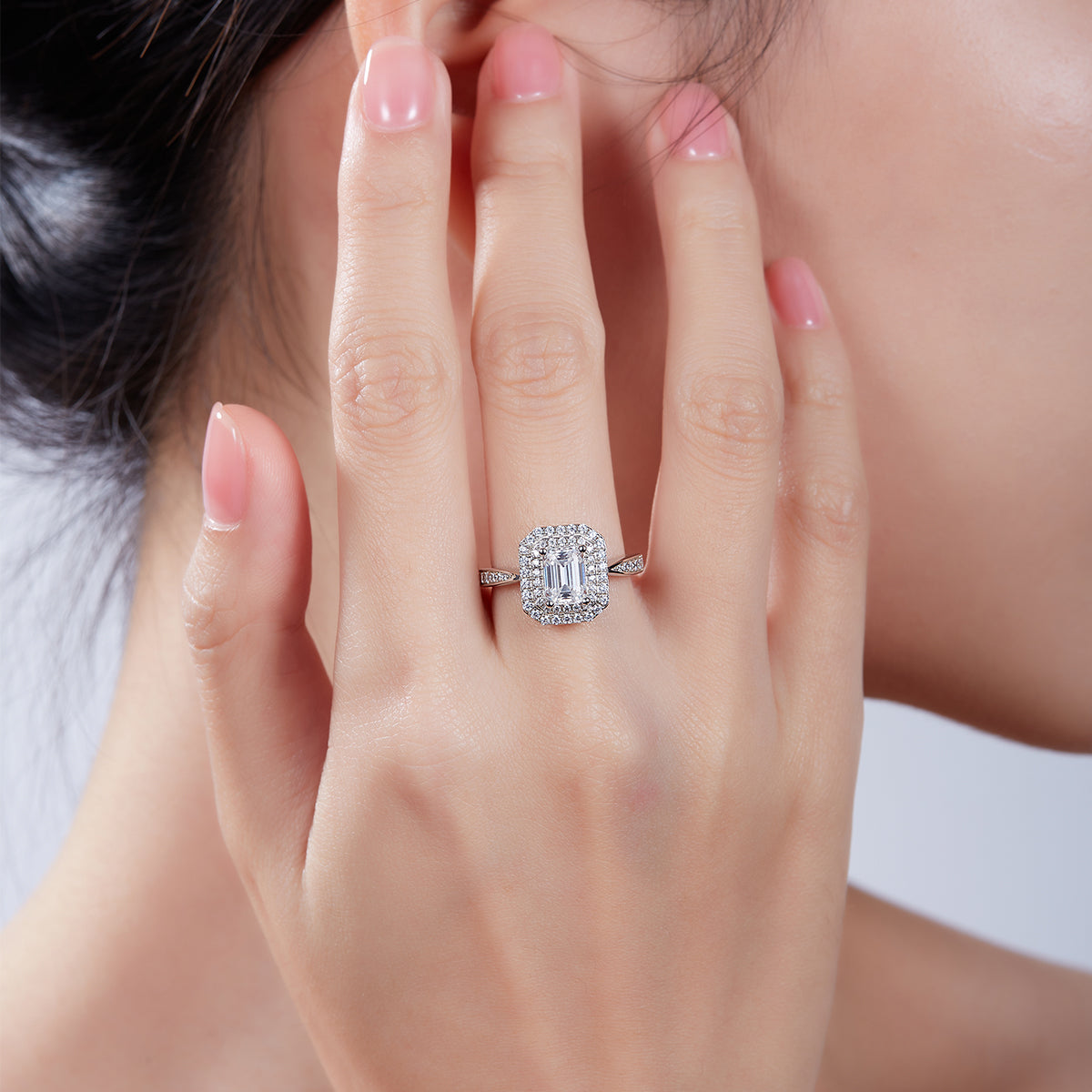 1.0 CT D Color Emerald Cut Moissanite Halo Ring in White Gold Plated Sterling Silver#8