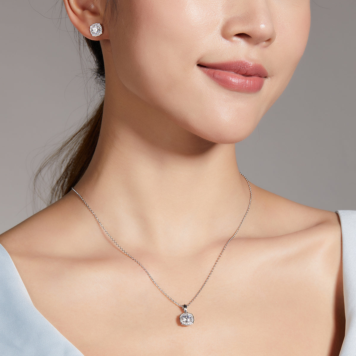 Moissanite Luxury Halo Fashion Pendant & Stud Earrings Set in White Gold Plated Sterling Silver#9