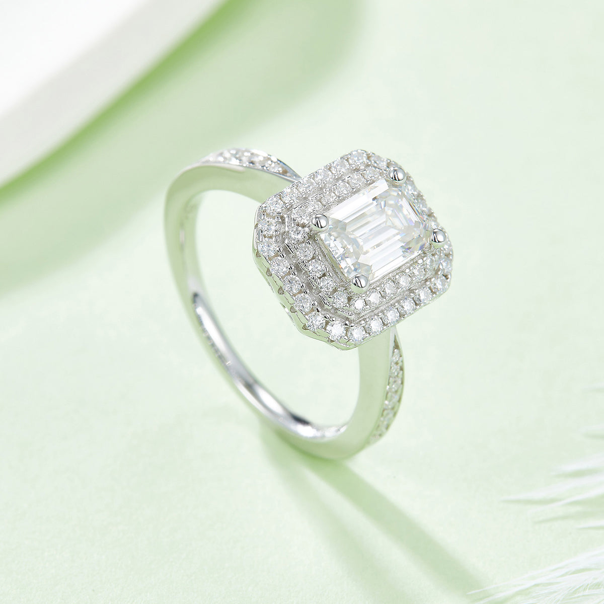 1.0 CT D Color Emerald Cut Moissanite Halo Ring in White Gold Plated Sterling Silver#2