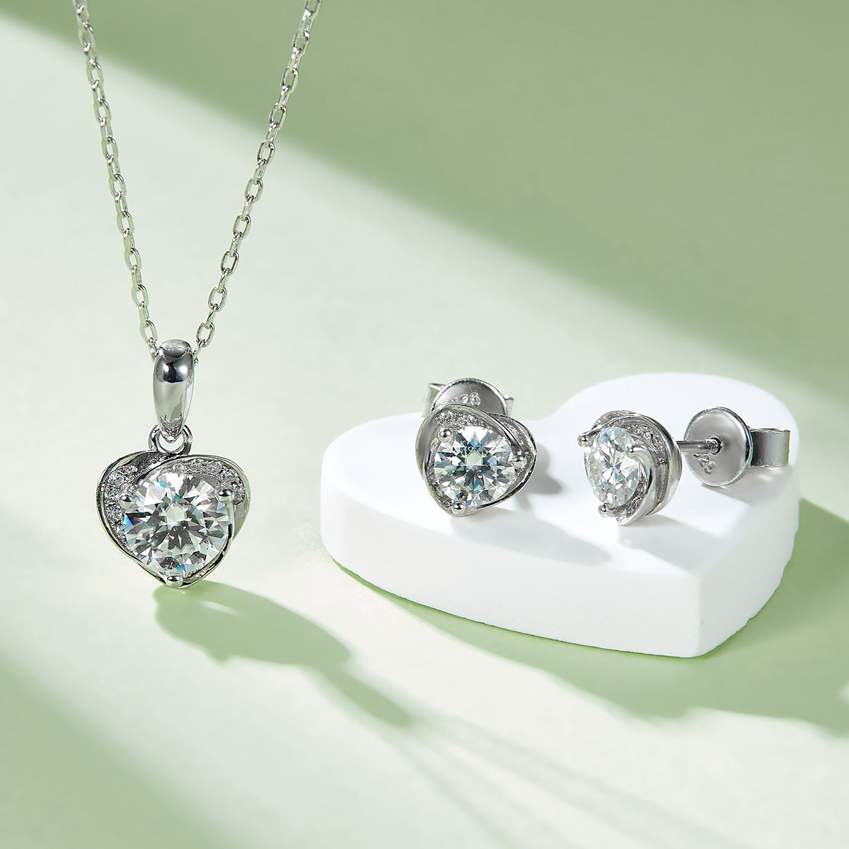 Moissanite Blooming Heart Pendant & Stud Earrings Set in White Gold Plated Sterling Silver#7