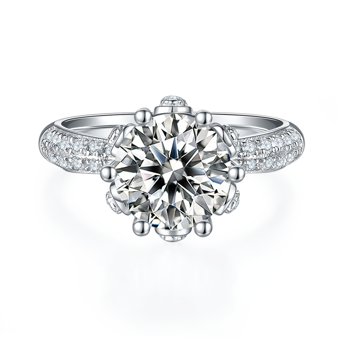 3.0 CT D Color Moissanite Flora Halo Straight Shank Custom Ring in White Gold Plated Sterling Silver#5