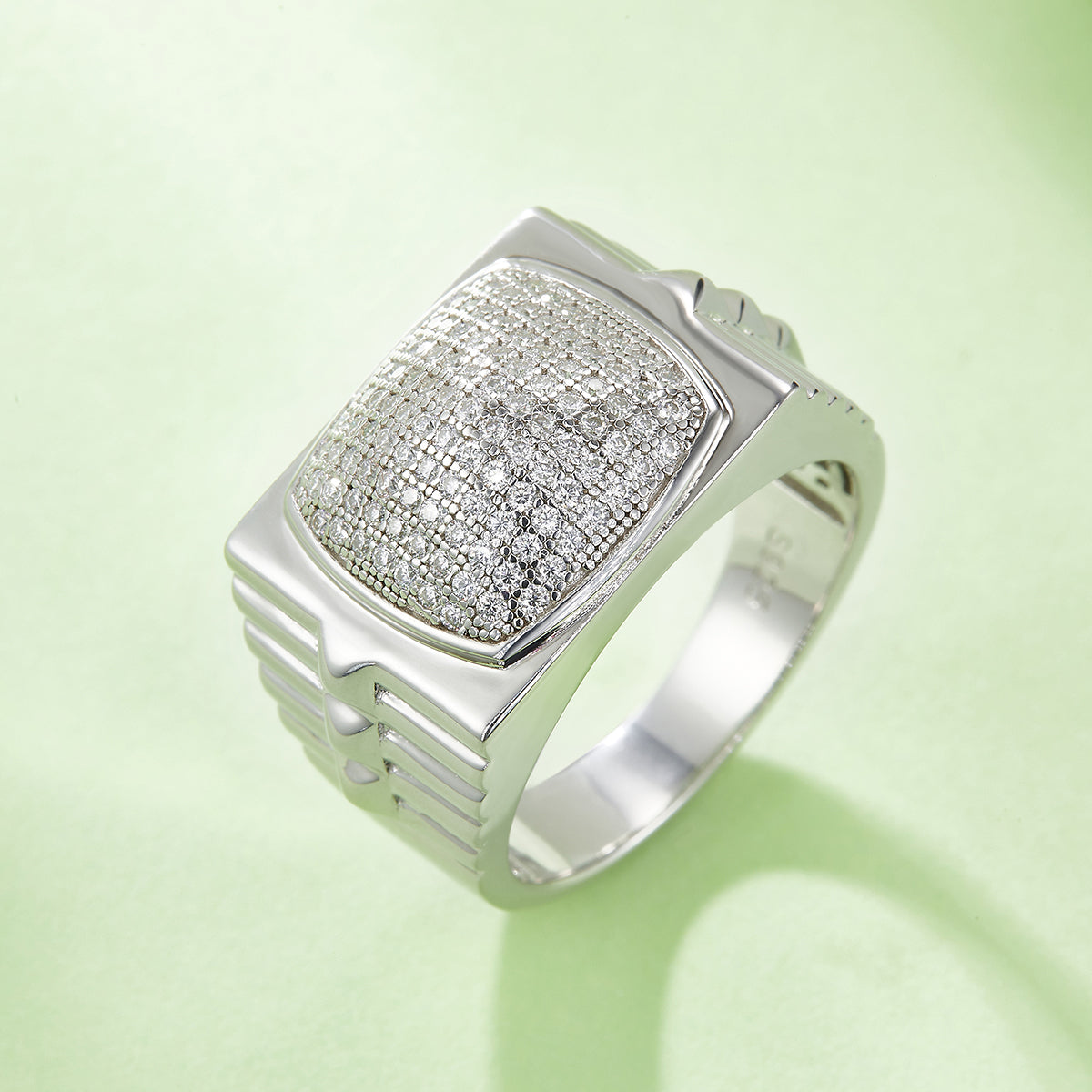 0.7 CT D Color Moissanite Melee Halo Men's Band in White Gold Plated Sterling Silver#3