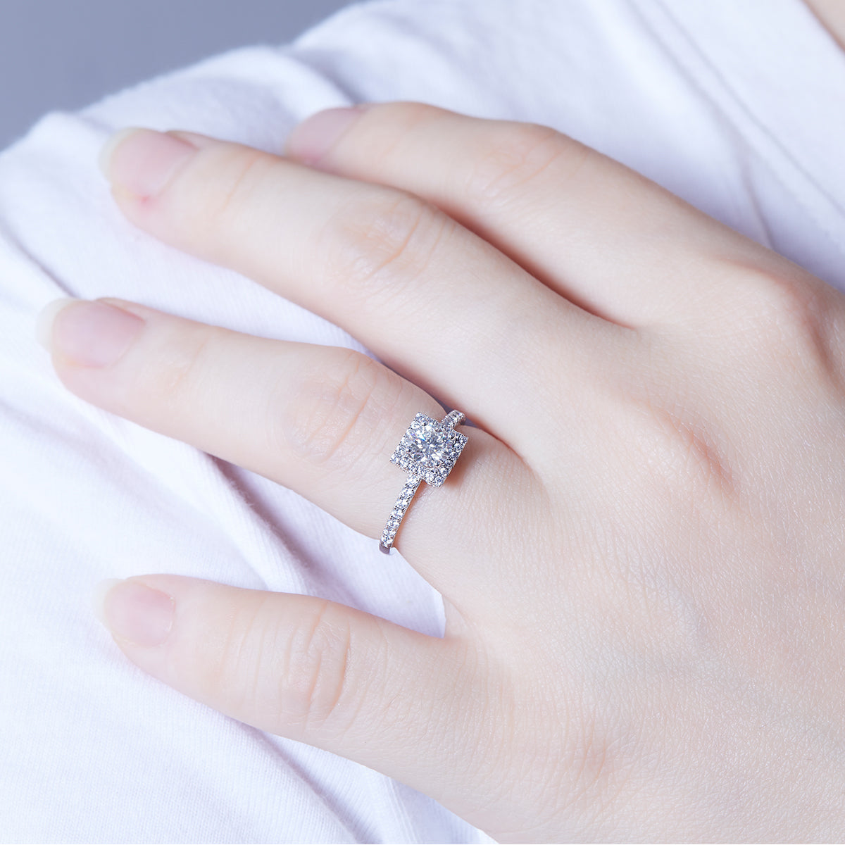 0.5 CT D Color Square Bezel Set Moissanite Halo Ring in White Gold Plated Sterling Silver#12