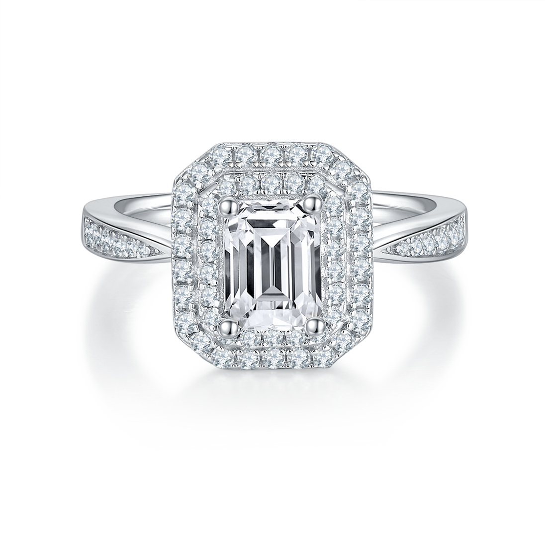 1.0 CT D Color Emerald Cut Moissanite Halo Ring in White Gold Plated Sterling Silver#7